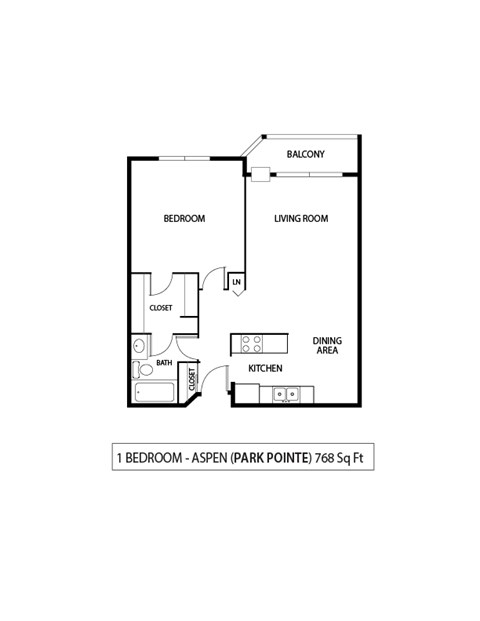 Floor plan for 1 bed, 1 bath, 768 sqft